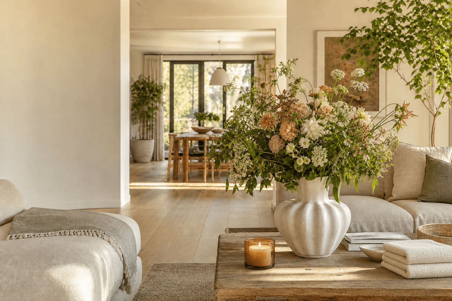 Fresh flowers, a glowing candle, and folded towels in a cared-for home