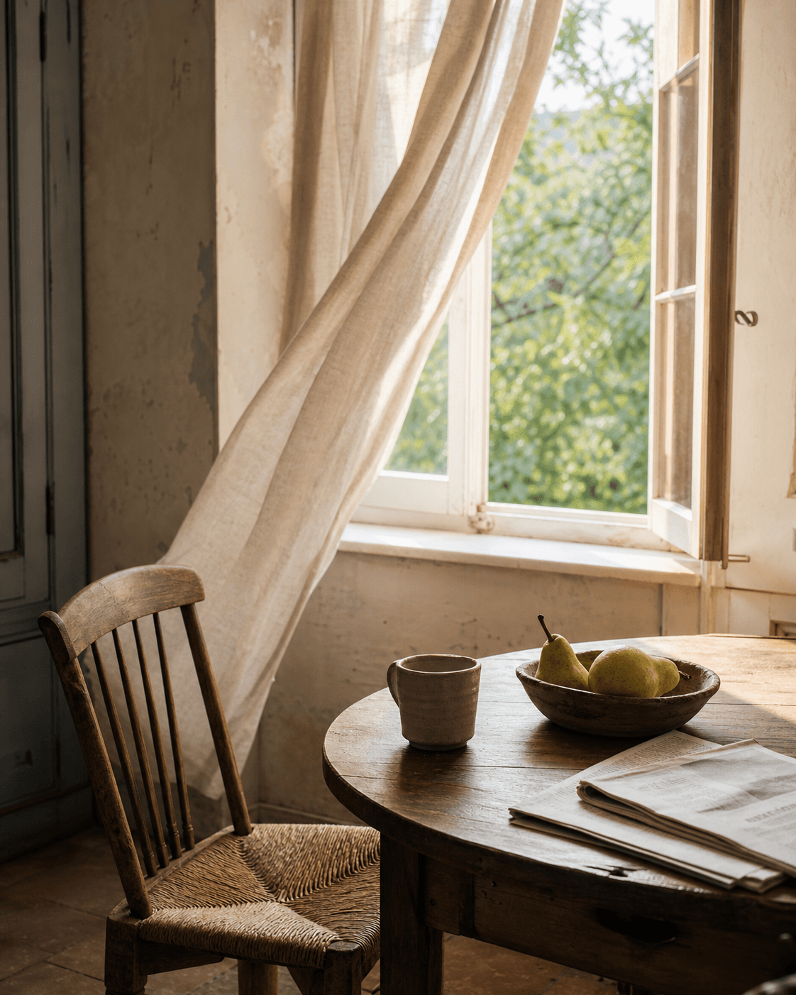 Morning light through an open window onto a breakfast table