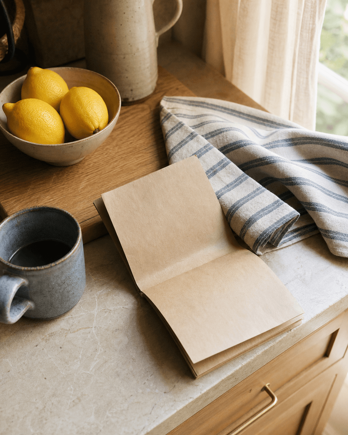 Lemons, a mug, and a folded tea towel in a bright kitchen